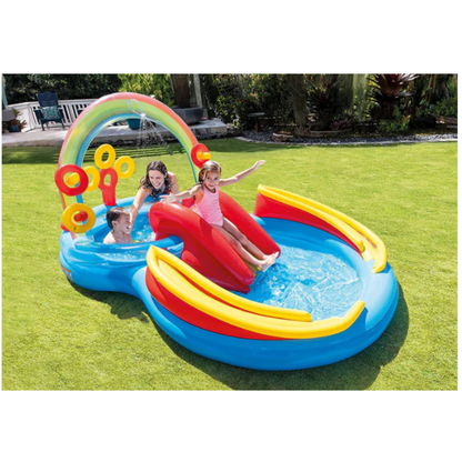 Intex Rainbow Ring Inflatable Play Center –Kids Water Park Splash Pool with Slide, Ring Toss Game, and Water Sprayer for Ages 2+
