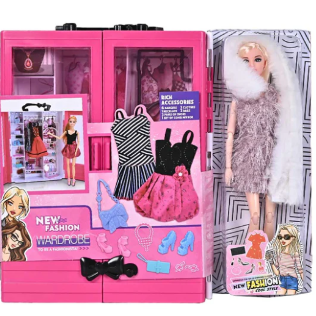 New Fashion Wardrobe Doll Playset – Portable Pink Toy Closet with Blonde Fashion Doll, Trendy Dresses, Shoes, Bags, and Rich Styling Accessories Gift Set for Girls