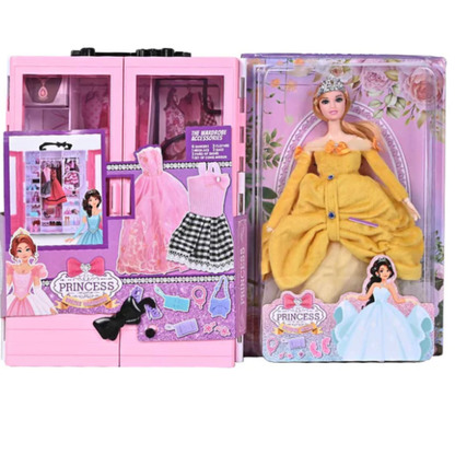Princess Dream Wardrobe Doll Playset – Portable Pink Toy Closet with Royal Princess Doll in Yellow Gown, Silver Tiara, Extra Gowns, and Dress-Up Styling Accessories Gift Set for Girls