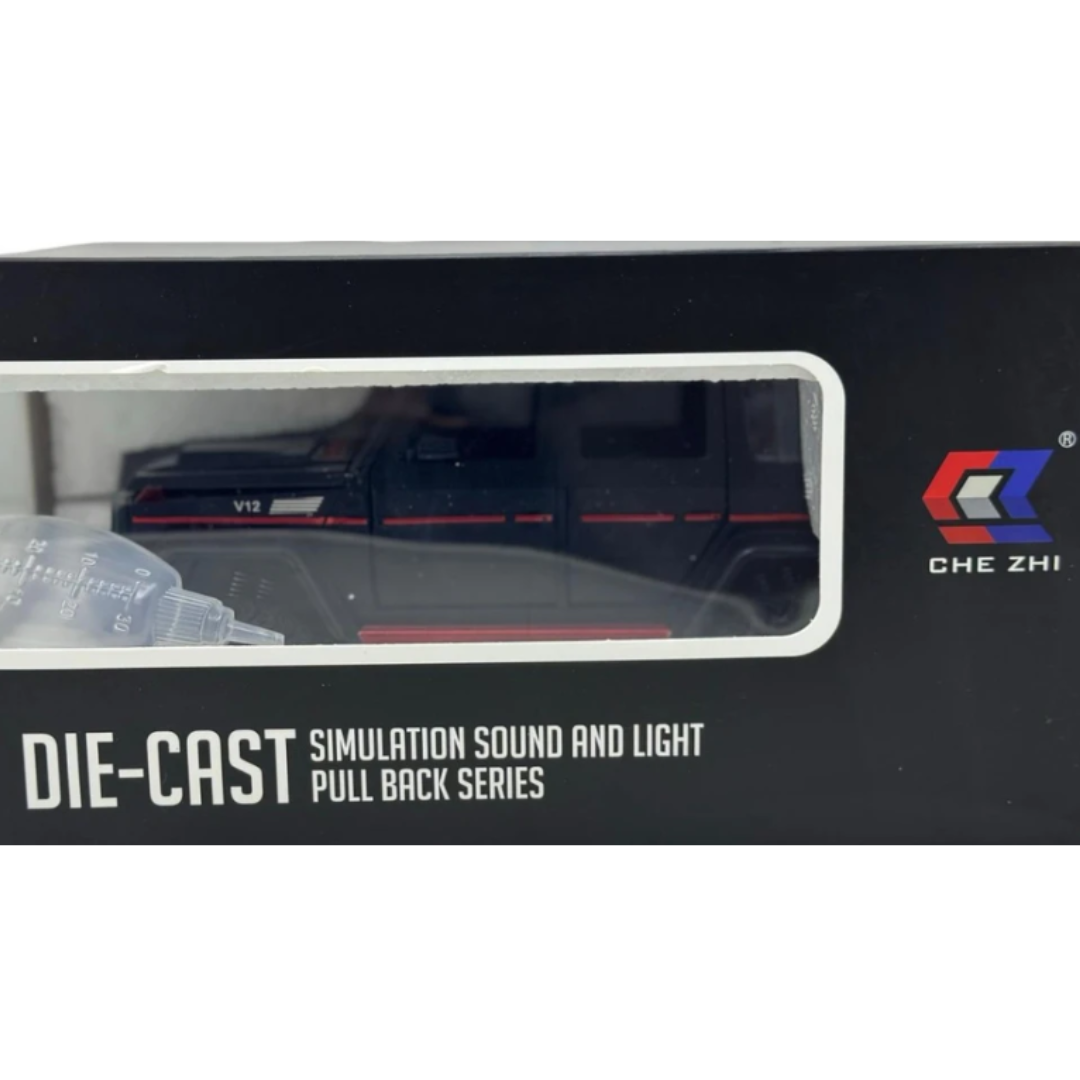Che Zhi Premium 1:24 Scale Die-Cast SUV Model Toy – Matt Black V12 Simulation Sound & Light Pull Back Car Vehicle with Water Refill Dropper for Real Smoke Spray Effects