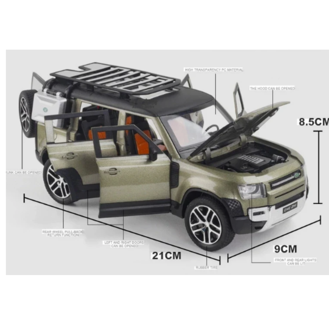Premium 1:24 Scale Die-Cast Off-Road SUV Model Toy – Metallic Olive Green Luxury Defender-Style Car with Simulation Sound, LED Lights, and Pull-Back Action Pack for Kids & Collectors (Ages 6+)