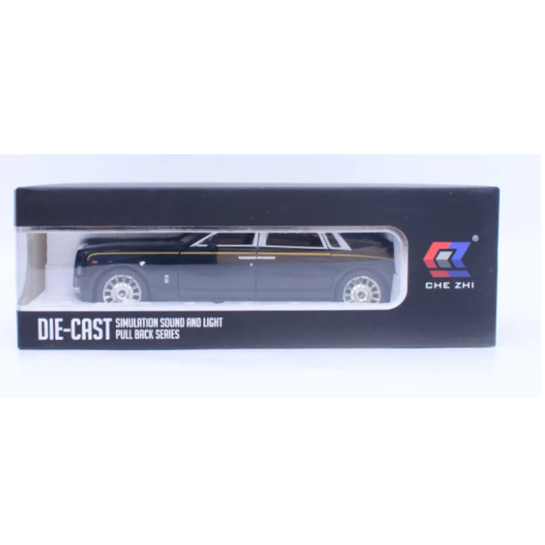 Che Zhi Premium Die-Cast Ultra-Luxury Limousine Sedan Model Toy – 1:24 Scale Gloss Black Phantom-Style Car with Gold Coachline, Simulation Sound, LED Lights, and Friction Pull-Back Action
