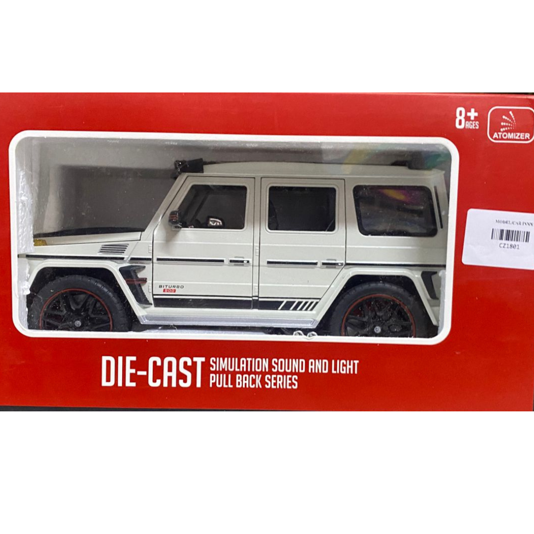 Che Zhi CZ1801 Premium Die-Cast G-Wagon SUV Model Toy – 1:24 Scale Off-White Biturbo 800 Off-Road Vehicle with Water Atomizer Spray, Simulation Sound, LED Lights, and Pull-Back Action (Ages 8+)