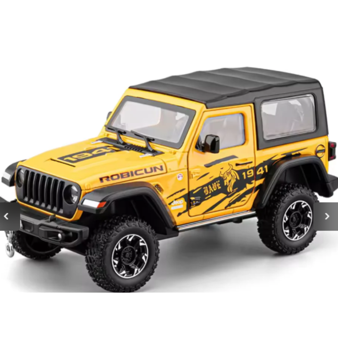 Che Zhi CZ197 Premium Die-Cast Off-Road Wrangler Toy – 1:24 Scale Bright Yellow Robicun Edition Pull Back Car with Custom Bull Graphics, Simulation Sound, and LED Lights