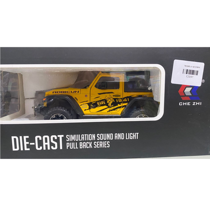 Che Zhi CZ197 Premium Die-Cast Off-Road Wrangler Toy – 1:24 Scale Bright Yellow Robicun Edition Pull Back Car with Custom Bull Graphics, Simulation Sound, and LED Lights