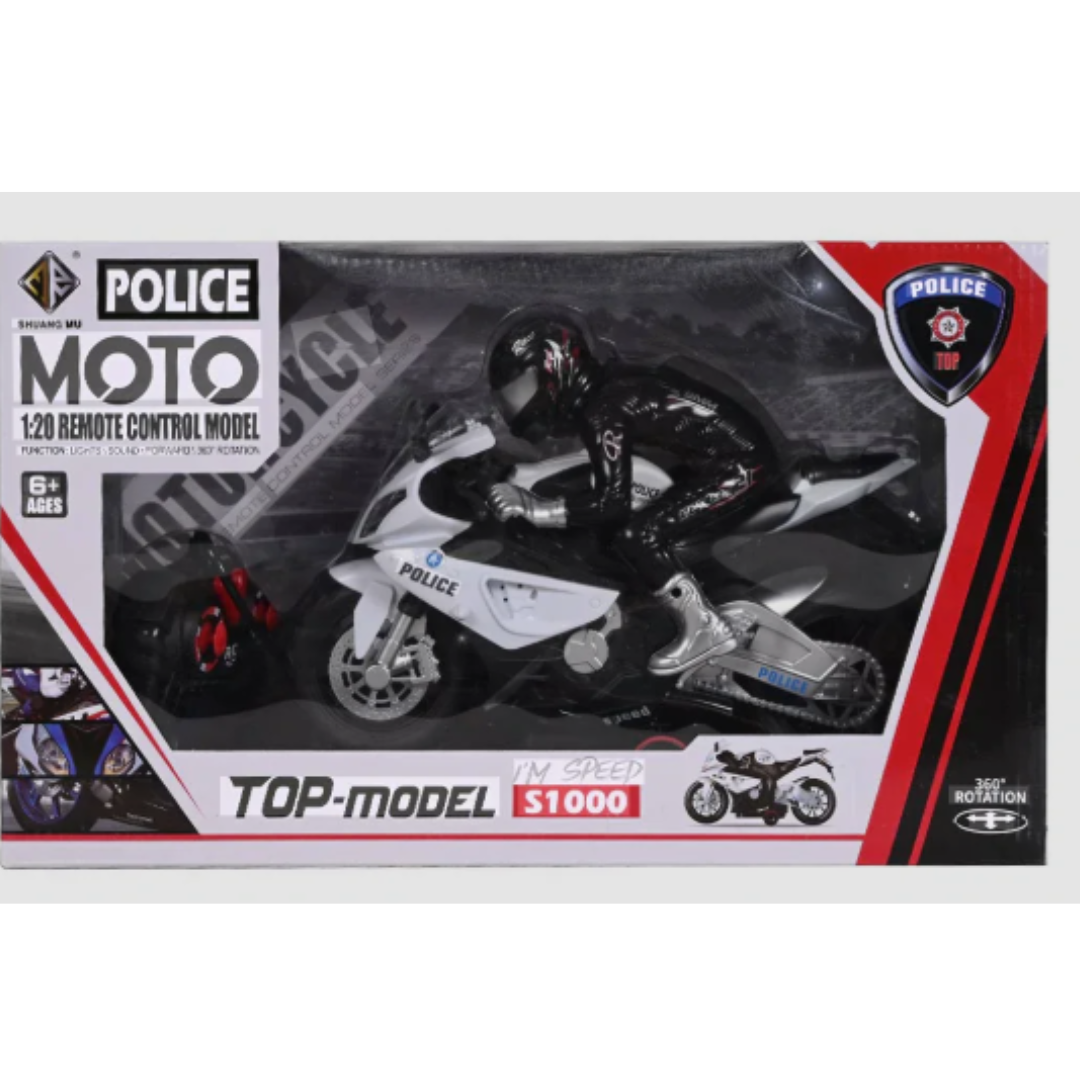Shuang Mu 1:20 Scale RC Police Moto Top-Model S1000 – High-Speed Remote Control Toy Motorcycle with Rider Figure, Built-In Lights, Simulation Sounds, and Dynamic 360° Rotation (Ages 6+)