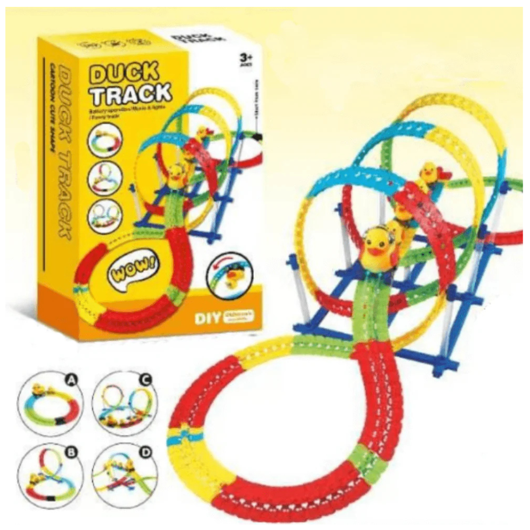 Duck Track Kids DIY Electrical Roller Coaster Toy – Battery Operated Musical Racing Track Set with Flashing Lights, Automatic Climbing Stairs, and 3 Mini Ducks for Toddlers (Ages 3+)