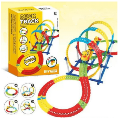 Duck Track Kids DIY Electrical Roller Coaster Toy – Battery Operated Musical Racing Track Set with Flashing Lights, Automatic Climbing Stairs, and 3 Mini Ducks for Toddlers (Ages 3+)