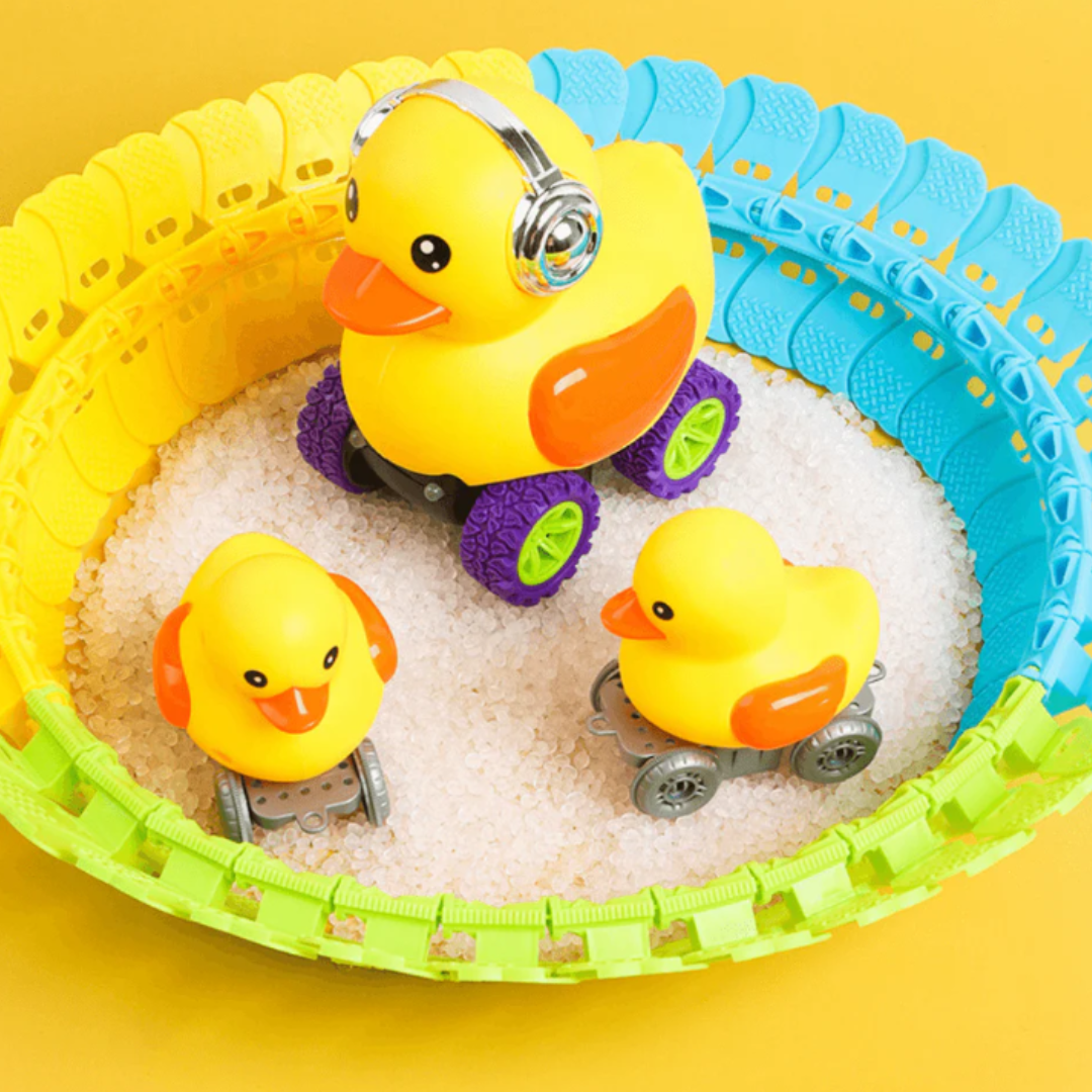 Duck Track Kids DIY Electrical Roller Coaster Toy – Battery Operated Musical Racing Track Set with Flashing Lights, Automatic Climbing Stairs, and 3 Mini Ducks for Toddlers (Ages 3+)