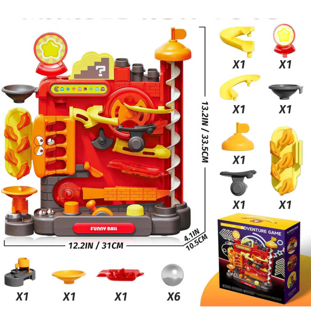 Funny Ball Mechanical Adventure Board Game – 3D Marble Run Maze Toy with Manual Spiral Elevator, Moving Platforms, and 6 Metal Marbles for Toddlers & Kids (Ages 3+, 31cm Size)