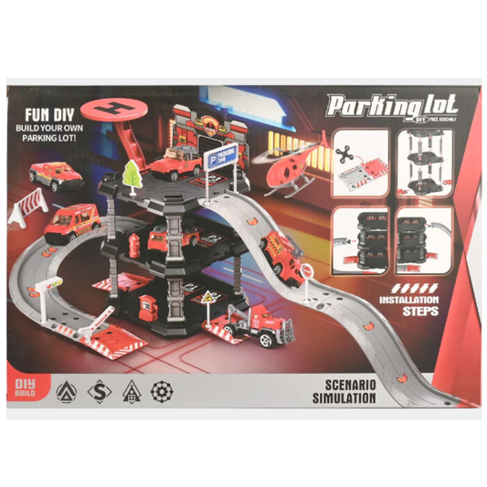 Kids Multi-Level Parking Lot DIY Garage Playset – 3-Tier Toy Car Service Station with Helipad, Curved Connecting Ramps, Traffic Accessories, and Emergency Vehicles for Toddlers (Ages 3+)