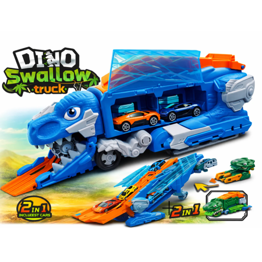Dino Swallow Truck 2-in-1 Transport Hauler – Transforming Dinosaur Car Eater Carrier with Launch Ramp Track, Storage Case, and 2 Die-Cast Toy Cars for Kids (Ages 3+)