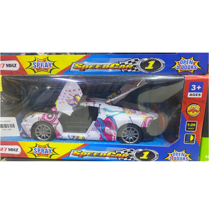 27MHz Realistic RC Speed Car with Functional Spray Tail Mist – 1:20 Scale Pink/White Graffiti Sports Car for Kids (Ages 3+), Model BNNN with Lights and Gull-Wing Doors