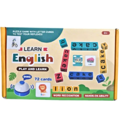 Learn English Spelling Puzzle Board Game for Kids – Educational Word Recognition Play Set with 72 Flashcards, Rotating Letter Cubes, and Interactive Answer Bell (Model 3+, Blue/Yellow Box)