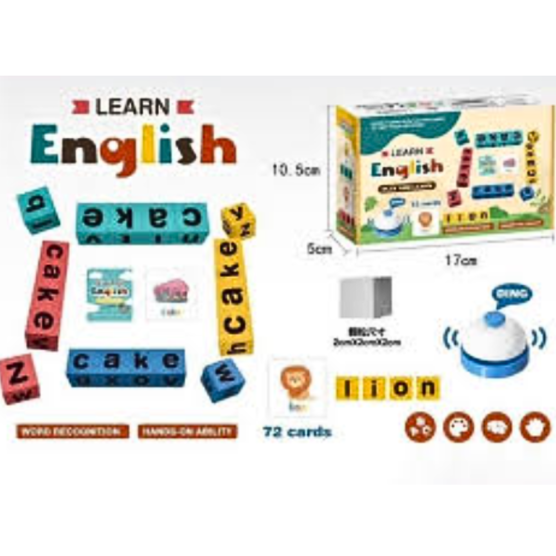 Learn English Spelling Puzzle Board Game for Kids – Educational Word Recognition Play Set with 72 Flashcards, Rotating Letter Cubes, and Interactive Answer Bell (Model 3+, Blue/Yellow Box)