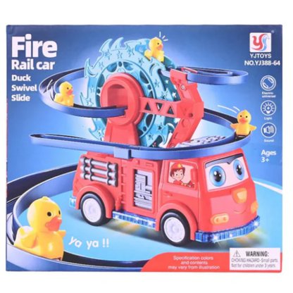 Electric Fire Rail Car Duck Swivel Slide Track Toy – Interactive Climbing Stairs and Automatic Rollercoaster Slide with Light, Sound, and Yellow Ducks for Toddlers (Ages 3+, Model No. YJ388-64)