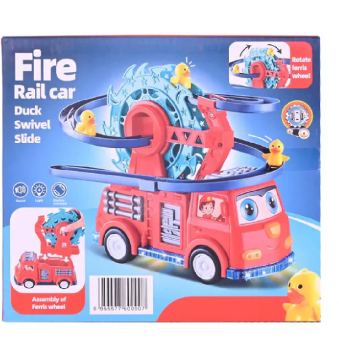 Electric Fire Rail Car Duck Swivel Slide Track Toy – Interactive Climbing Stairs and Automatic Rollercoaster Slide with Light, Sound, and Yellow Ducks for Toddlers (Ages 3+, Model No. YJ388-64)