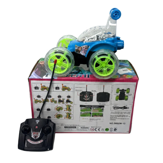Frozen II Theme 360° Rotating RC Stunt Car - Rechargeable Remote Control Tumble Car with LED Lights & Music - Blue