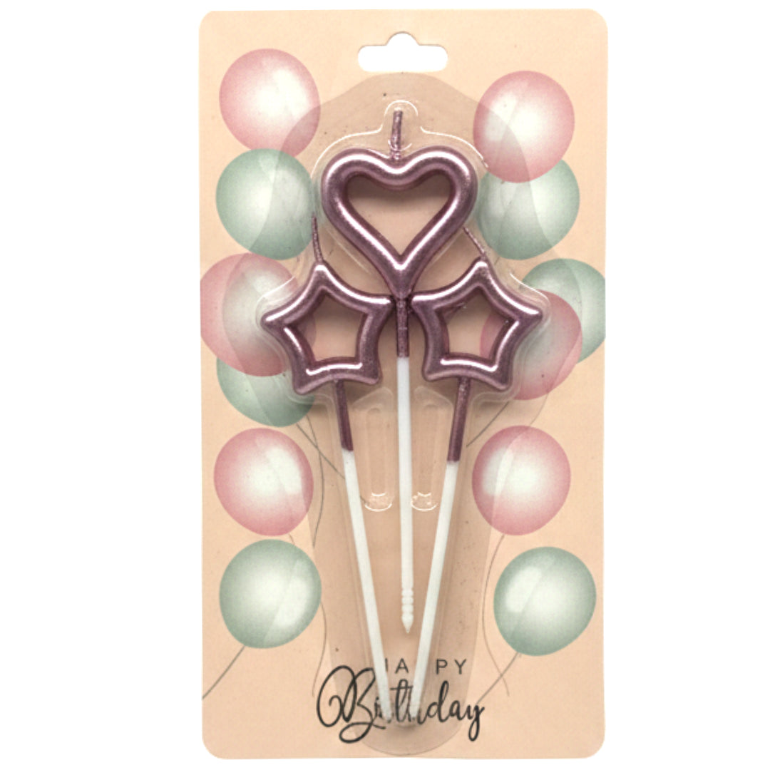 3-Piece Cake Candle Set – Heart & Star Shaped Birthday Candles with Stakes – Elegant Cake Toppers for Birthdays, Anniversaries & Romantic Celebrations