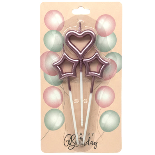 3-Piece Cake Candle Set – Heart & Star Shaped Birthday Candles with Stakes – Elegant Cake Toppers for Birthdays, Anniversaries & Romantic Celebrations