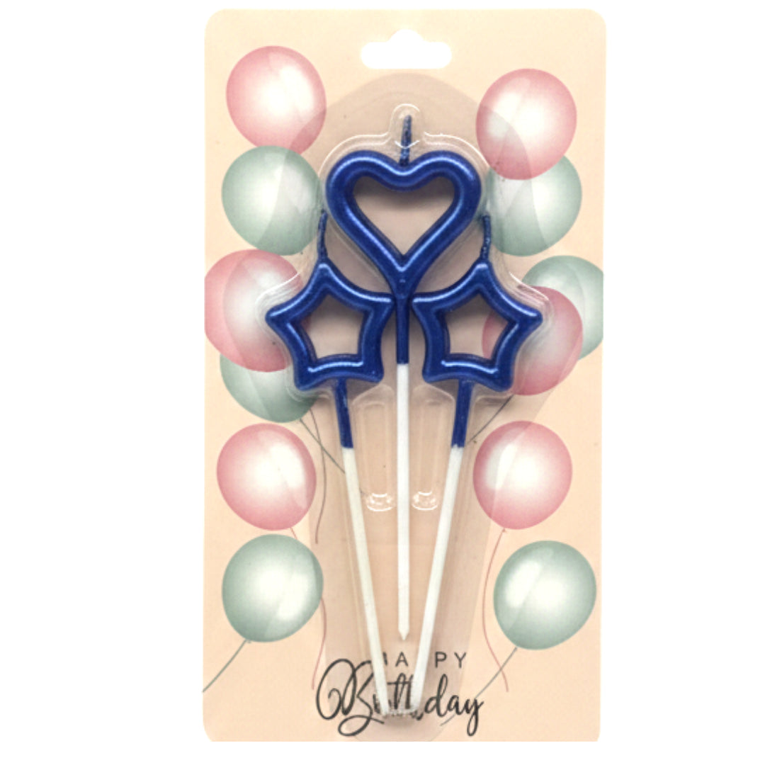 3-Piece Cake Candle Set – Heart & Star Shaped Birthday Candles with Stakes – Elegant Cake Toppers for Birthdays, Anniversaries & Romantic Celebrations