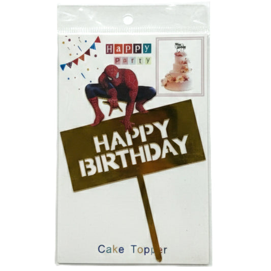 Spider-Man Happy Birthday Cake Topper - Gold Acrylic Superhero Party Decoration