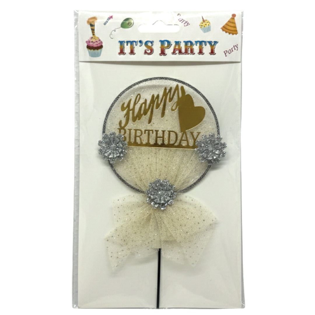 Luxury Tulle "Happy Birthday" Cake Topper – Elegant Gold Acrylic Mirror & Glitter Floral Design – Glamorous Mesh Party Decor for Birthdays, Weddings, & Anniversaries