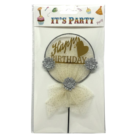 Luxury Tulle "Happy Birthday" Cake Topper – Elegant Gold Acrylic Mirror & Glitter Floral Design – Glamorous Mesh Party Decor for Birthdays, Weddings, & Anniversaries