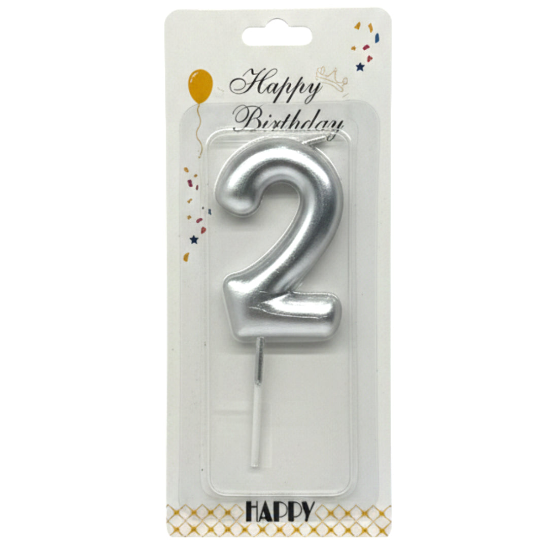 Silver Metallic Number 2 Birthday Candle - Elegant Cake Topper for Celebrations