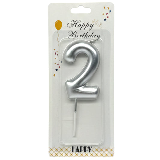 Silver Metallic Number 2 Birthday Candle - Elegant Cake Topper for Celebrations