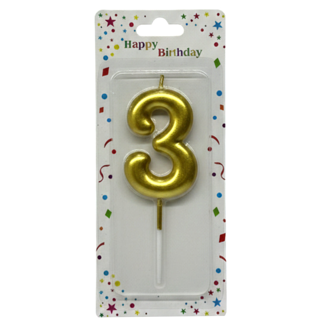 Premium Metallic Number 3 Birthday Cake Candle - Gold & Silver Elegance
