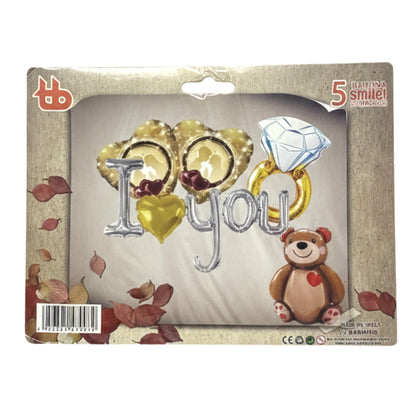 5-Piece "I Love You" Romantic Balloon Bouquet Set with Diamond Ring & Teddy Bear – Perfect for Valentine's Day, Proposals, and Anniversaries
