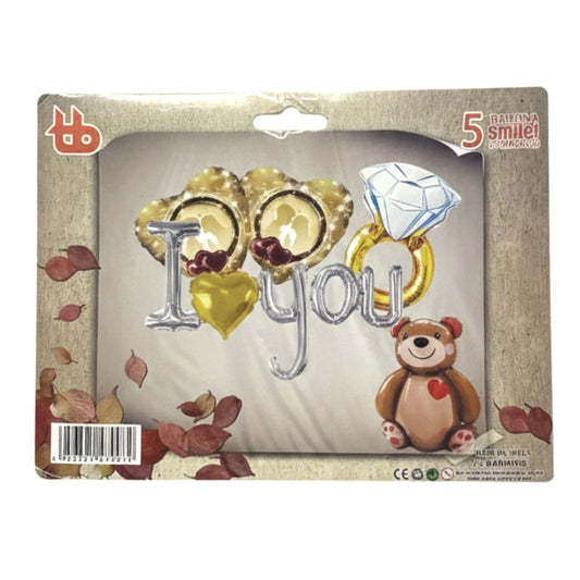 5-Piece "I Love You" Romantic Balloon Bouquet Set with Diamond Ring & Teddy Bear – Perfect for Valentine's Day, Proposals, and Anniversaries