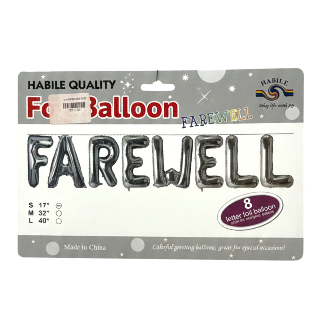 Habile 16" Silver FAREWELL Foil Balloon Banner Kit - 8 Piece Alphabet Balloon Set for Retirement, Graduation, & Going Away Parties