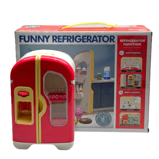 Funny Refrigerator Kids' Play Kitchen Toy - Interactive Double Door Fridge with Real Steam Mist Function, Water Dispenser, Lights, Sounds, and Play Food Accessories - Toddler Learning & Role Play Gift