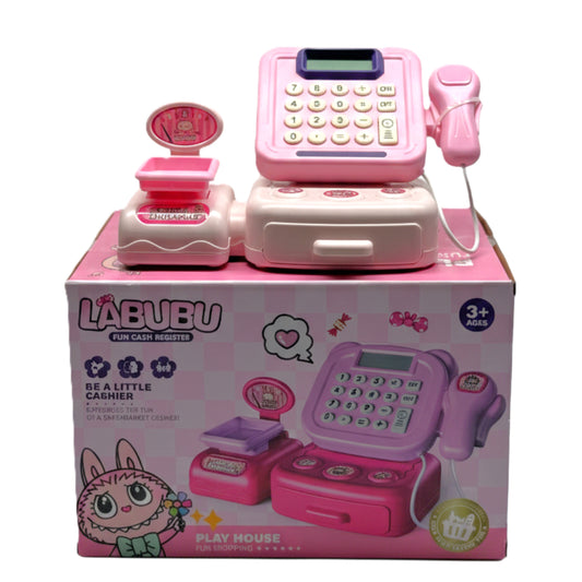 Labubu Inspired Kids Fun Cash Register Play Set – Pink Electronic Toy Calculator with Scanner, Microphone, and Play Money – Educational Pretend Play Grocery Set