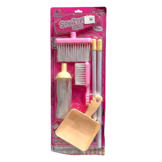 Kids' Pretend Play Cleaning Set - 6-Piece Miniature Broom, Dustpan, and Brush Sanitary Toy Kit for Toddlers (Pink/Cream)