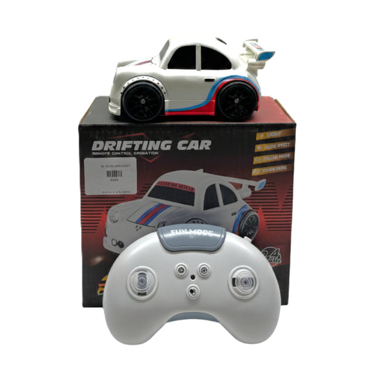High-Speed Remote Control Drifting Car – 2.4GHz Mini RC Drift Racer with LED Lights & "Fun Mode" Controller (White/Blue/Red)