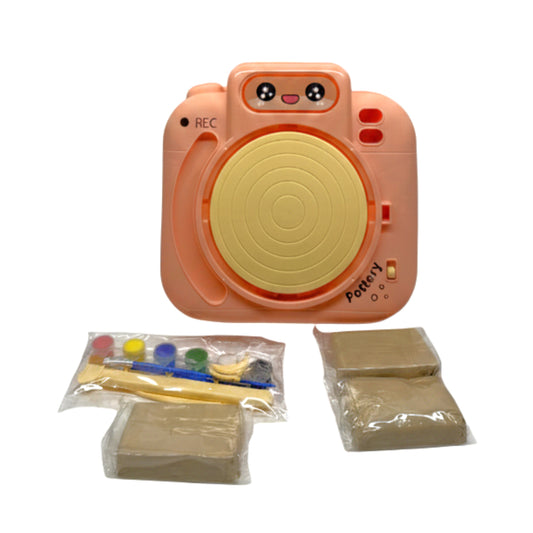 DIY Kids’ Electric Pottery Wheel Kit – Portable Ceramic Studio with Sculpting Tools & Paints (Pink/Camera Style)