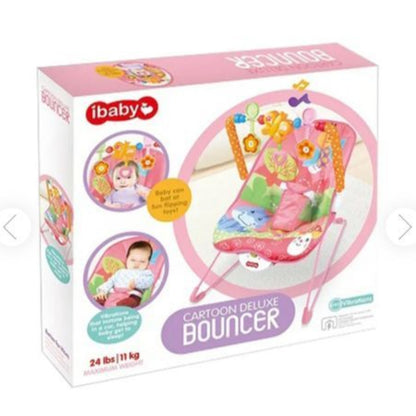 ibaby Cartoon Deluxe Baby Bouncer with Calming Vibrations & Removable Toy Bar – Pink Floral Infant Seat, Support up to 24 lbs (11 kg)
