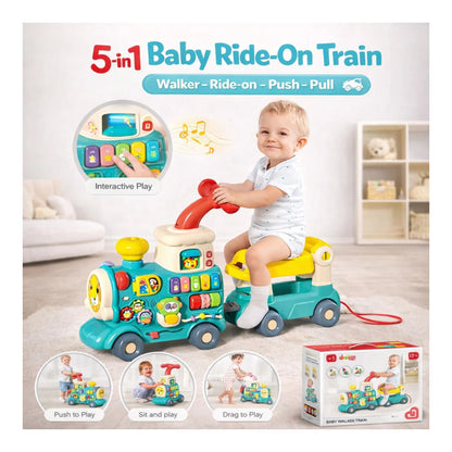 5-in-1 Multifunctional Baby Walker Train & Ride-On Toy with Interactive Activity Center, Music, Lights, and Detachable Learning Panel for Toddlers 6–36 Months