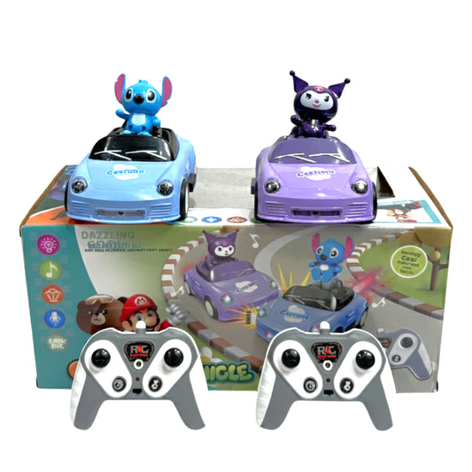 2-Pack Cartoon Bumper Car RC Set – Interactive Head-to-Head Racing Toys with Remote Controls, Sound & Lights – Blue & Purple Character Stunt Cars for Kids