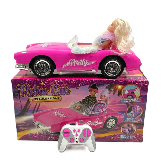 Pink Retro RC Convertible Toy Car for Dolls – Deluxe Remote Control Classic Roadster with Opening Trunk & Realistic Lights – 1:12 Scale Fashion Doll Vehicle