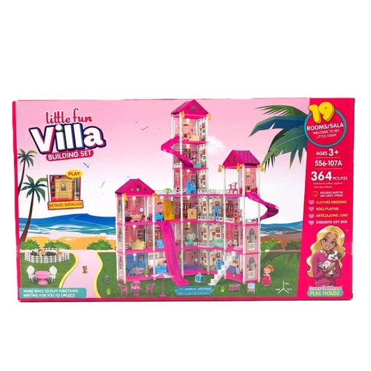 Little Fun Villa Building Set - 19 Rooms Luxury Dollhouse with Slides & LED Lights (364 Pieces)