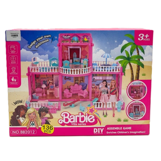 DIY 136-Piece Dream Villa Dollhouse Playset – Portable 3-Story Pink Toy House with Furniture & Accessories – Creative Assemble Game for Kids Ages 3+