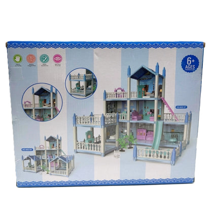 Dreamy Blue 2-Story DIY Dollhouse Castle Playset – Interactive Luxury Villa with Furniture & Accessories