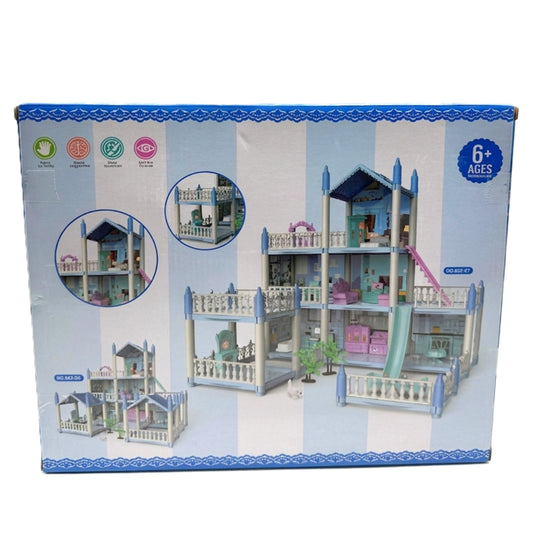 Dreamy Blue 2-Story DIY Dollhouse Castle Playset – Interactive Luxury Villa with Furniture & Accessories