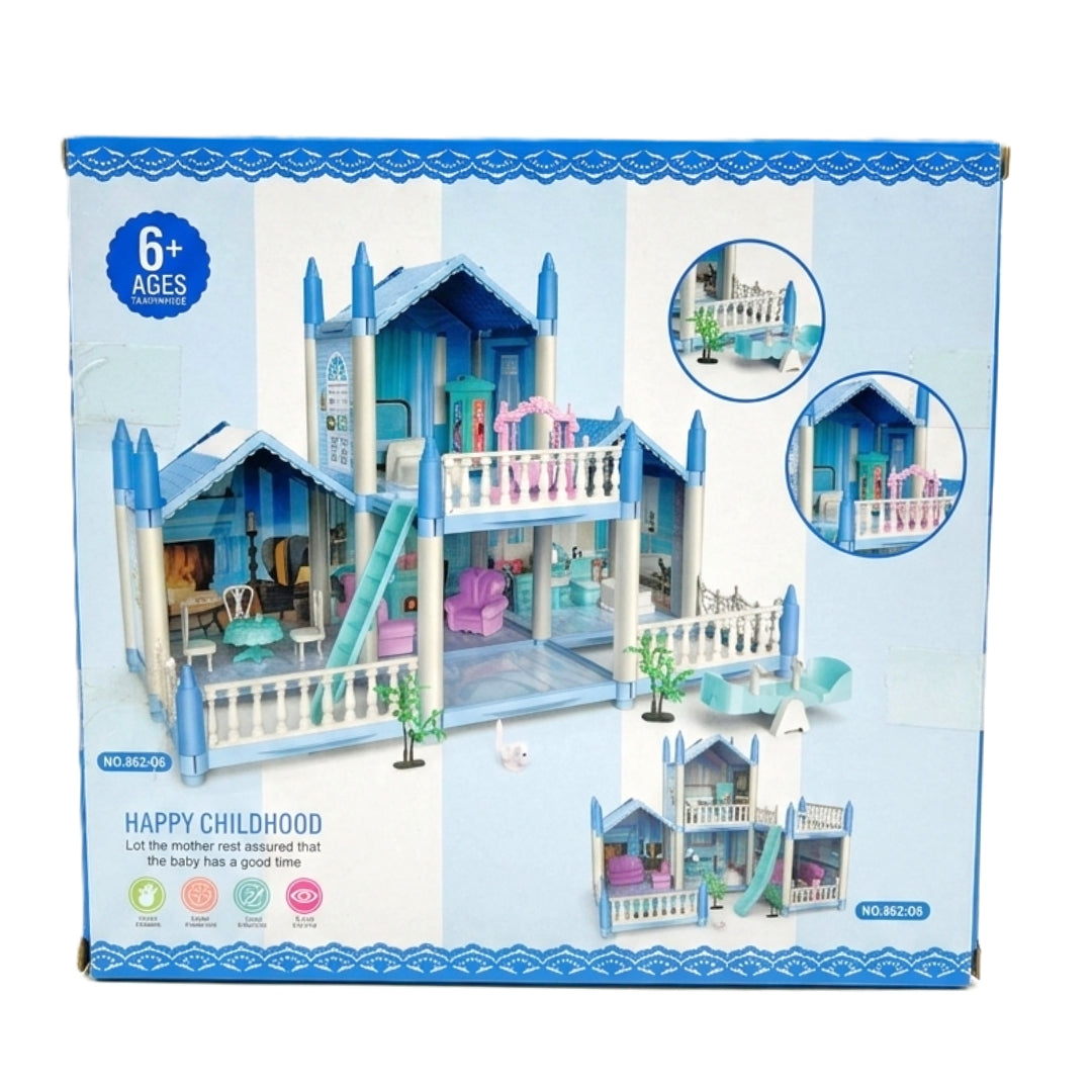 Dreamy Blue 2-Story DIY Dollhouse Castle Playset – Interactive Luxury Villa with Furniture & Accessories