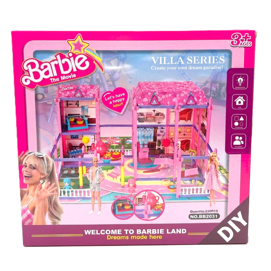 302-Piece Pink Dream Villa Building Set - DIY Dollhouse Playset with Miniature Figures & Accessories - Movie-Inspired Barbie Land Toy for Kids 3+
