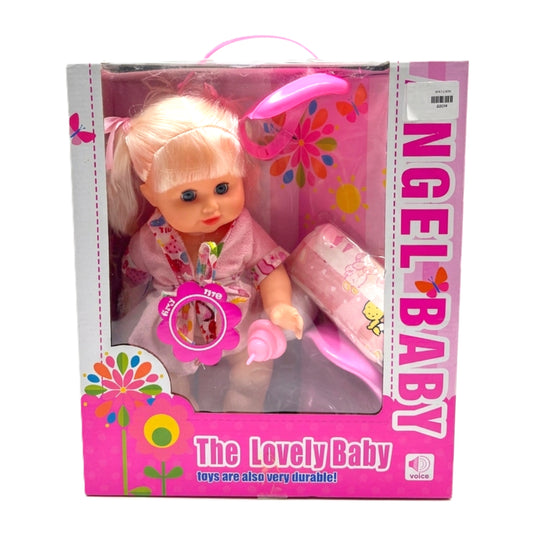 Angel Baby Interactive 12-Inch Talking Doll Set with Accessories – Blonde Hair Baby Doll in Pink Robe with Voice Sounds, Bottle, and Diaper – Durable Preschool Role-Play Toy for Kids Ages 3+